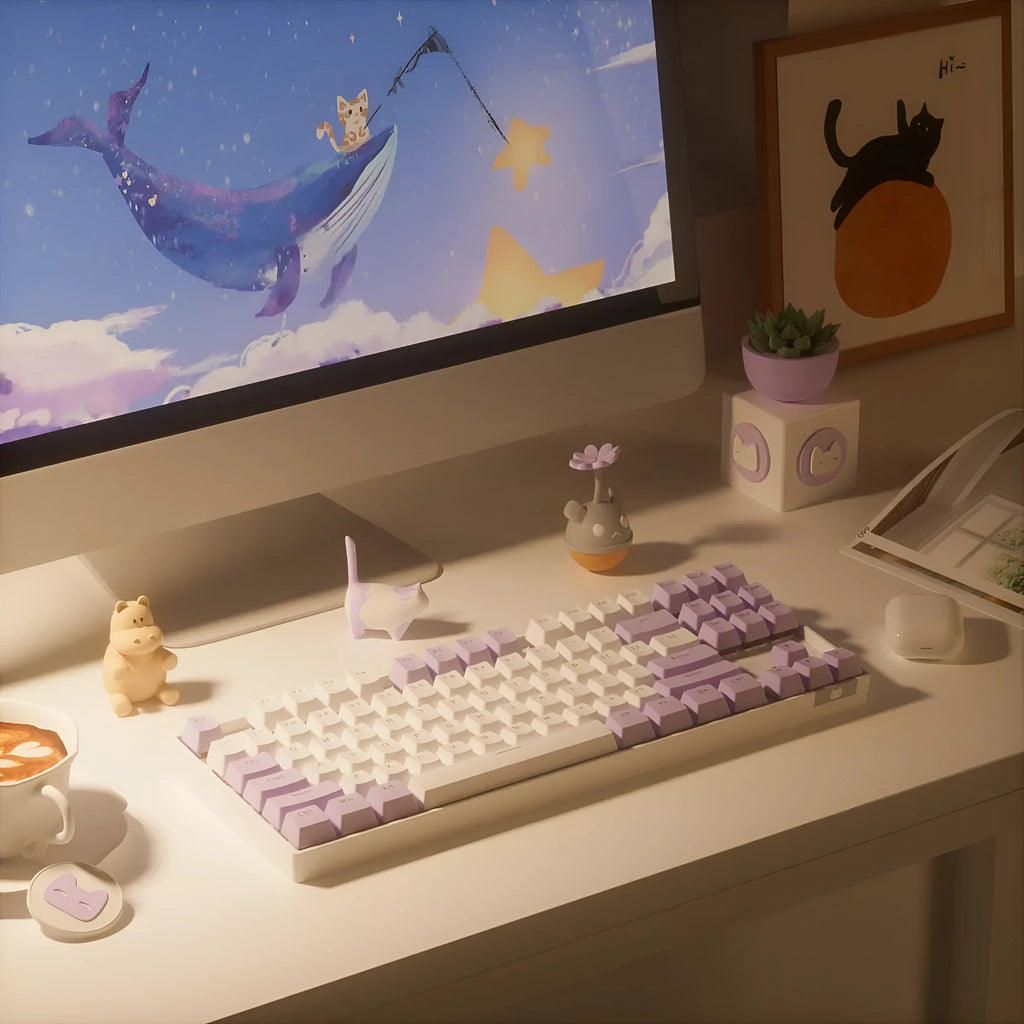 Wireless Bluetooth mechanical keyboard with metal board in blue white or white purple colour options
