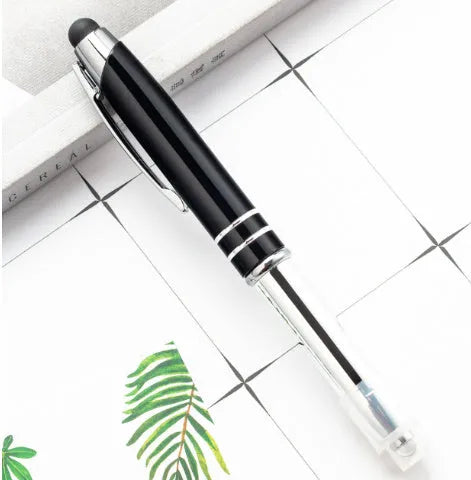 Red multifunctional metal-tipped stylus ballpoint pen with a built-in LED light.