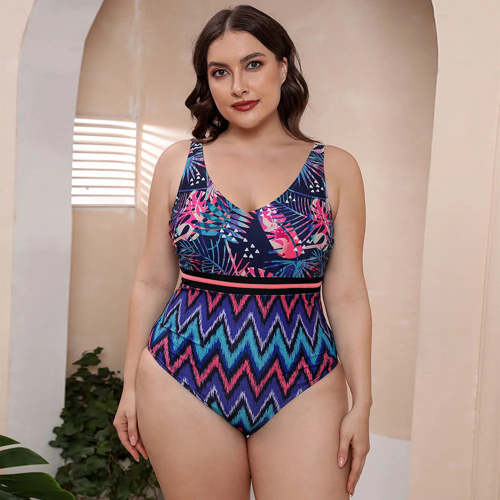 Women's striped spaghetti strap printed one-piece swimsuit in blue pattern design