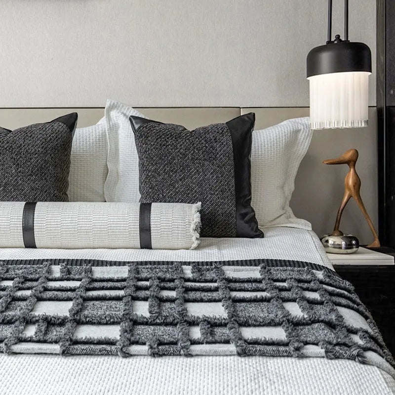 Grey and white plaid polyester bed runner blanket set with pillowcase on a modern double bed.