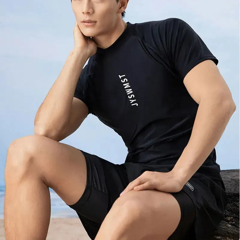 Men's plus size swimming trunks suit in polyester fabric showing complete set with top and pants