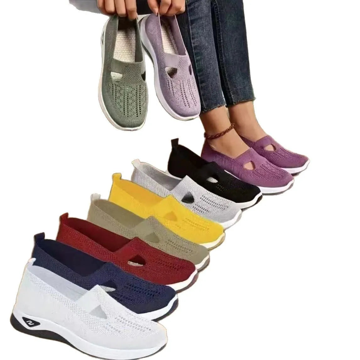 Women's casual low-top mesh shoes with a T-strap and soft PVC sole in multiple colours.