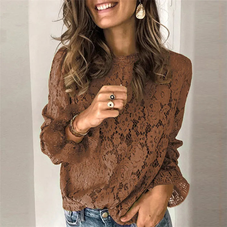Women's hollow lace shirt loose fit streetwear in multiple colours with round neck collar