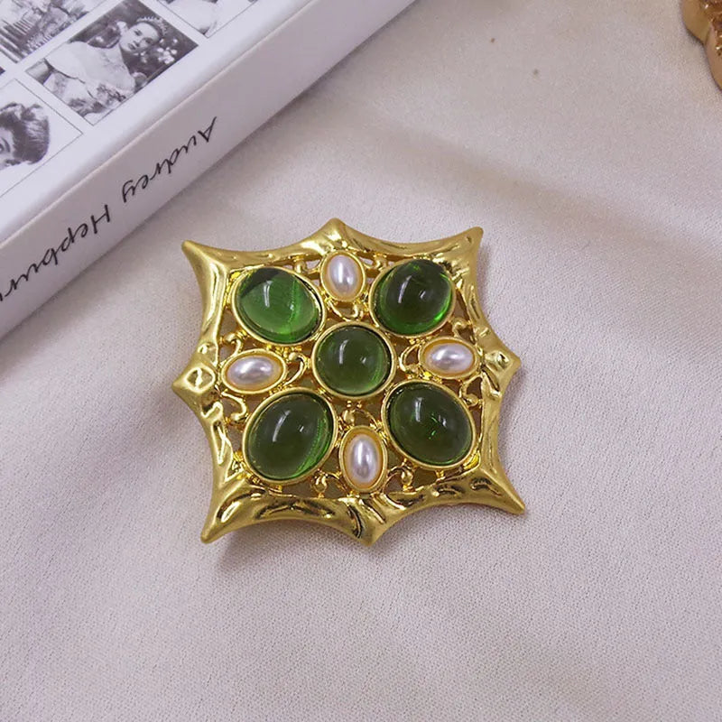 Vintage medieval baroque cross brooch with crystal accents in zinc alloy
