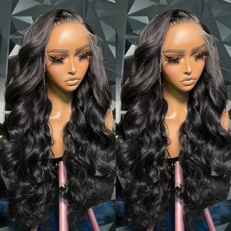 Black medium length curly synthetic wig on a stand, showing full head of loose curls.