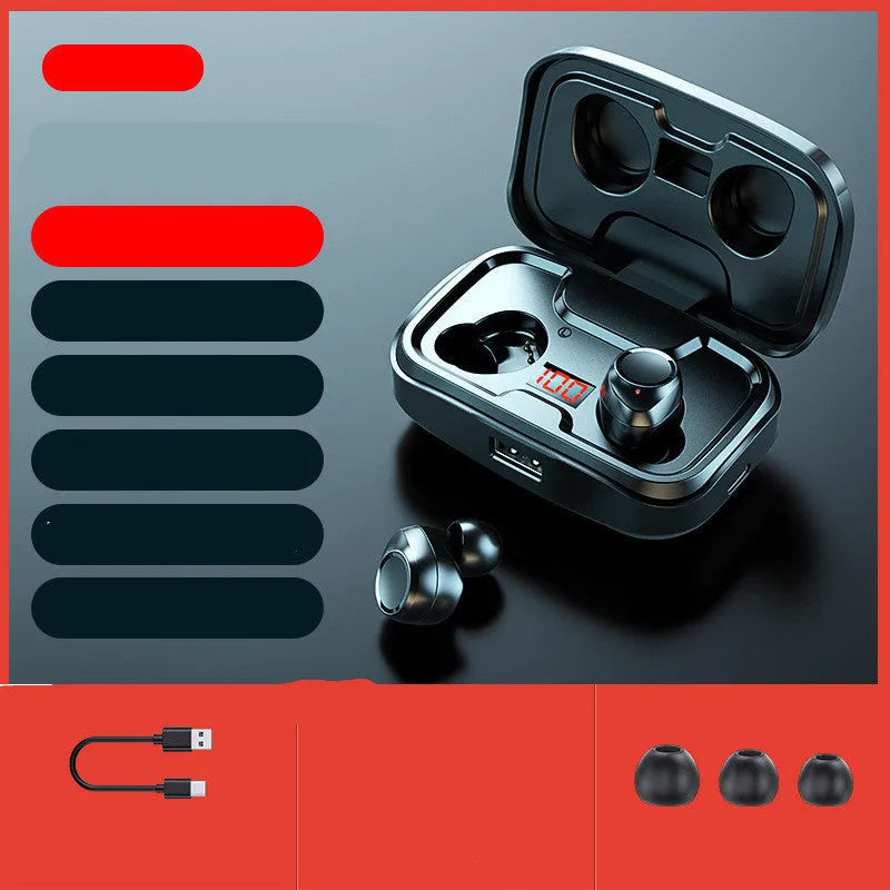 Wireless Bluetooth 5.0 in-ear earphones in black, blue or red colours with earplug-type design