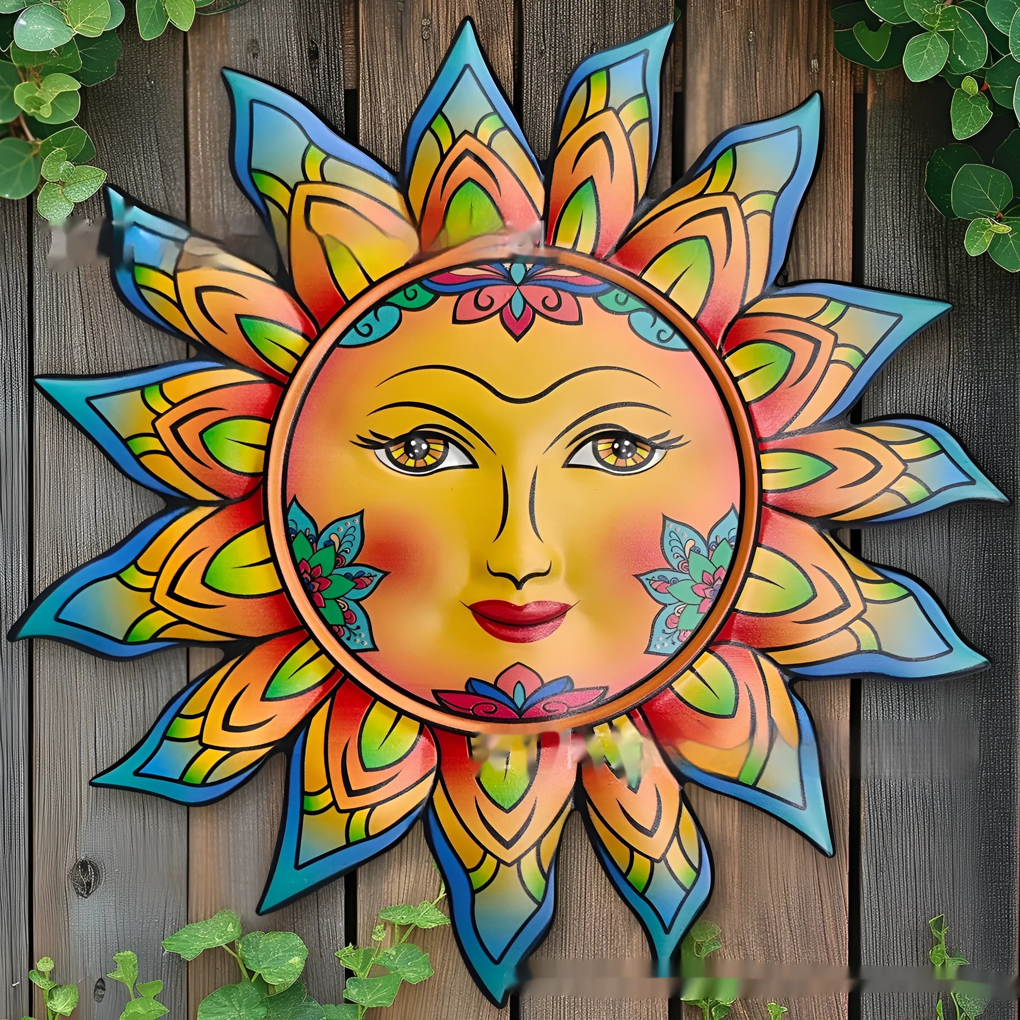 Iron sun face metal wall hanging decorative craft in gold, silver, and bronze colour finishes.