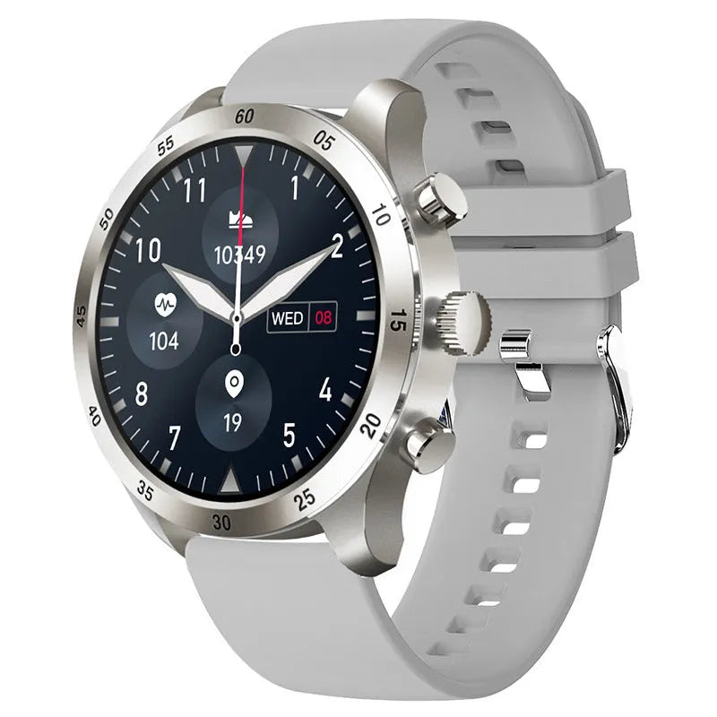 Apple iOS smart watch with Bluetooth calling on wrist, showing steel case and health monitoring display.
