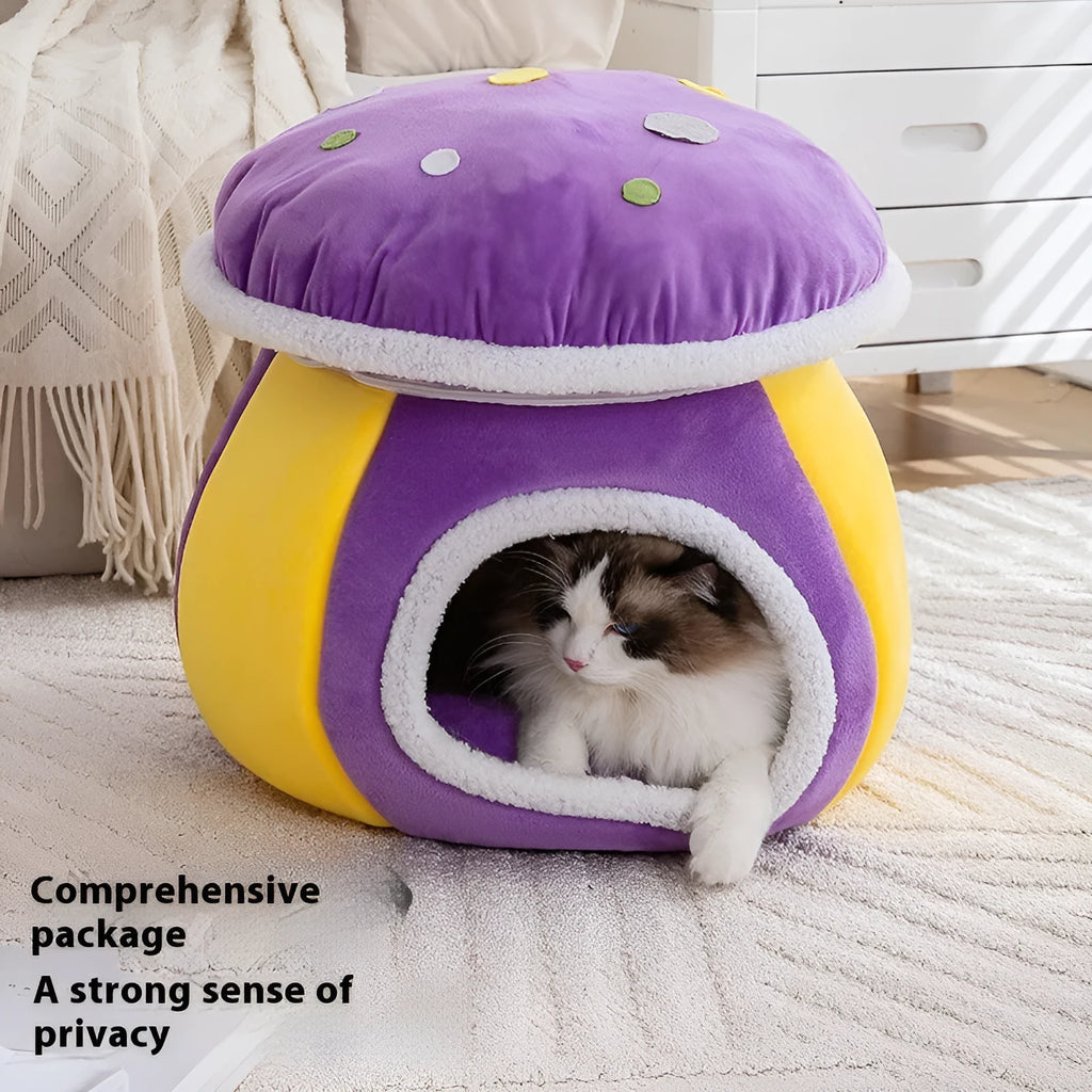 Grey mushroom-shaped hooded cat bed made of soft rabbit plush, shown with a cat inside.