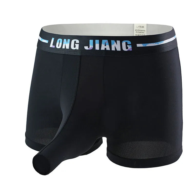 Men's breathable ice silk trunk open boxer shorts in Army Green colour on a mid waist mannequin.