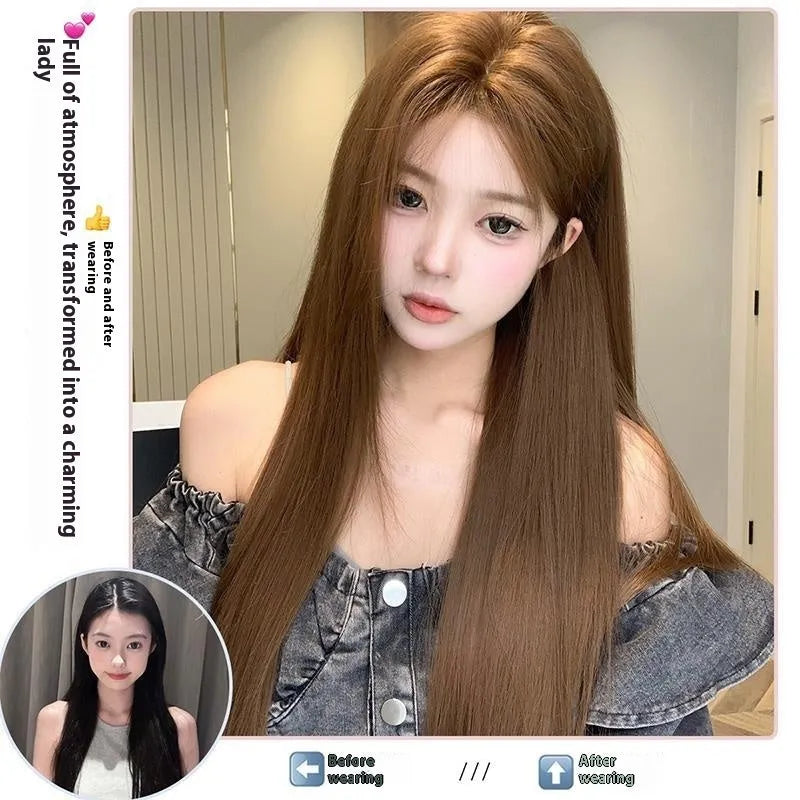 Centre-parted lace front wig with forehead lace and long straight hair in warm brown