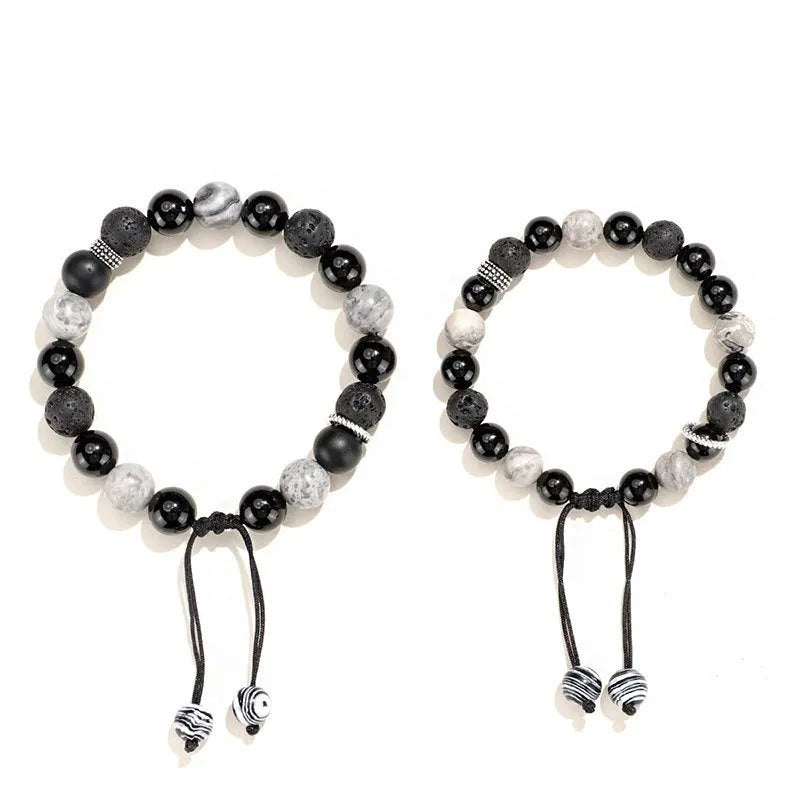 Black agate map stone volcanic rock bracelet with diamond-shaped beads and electroplated metal fittings