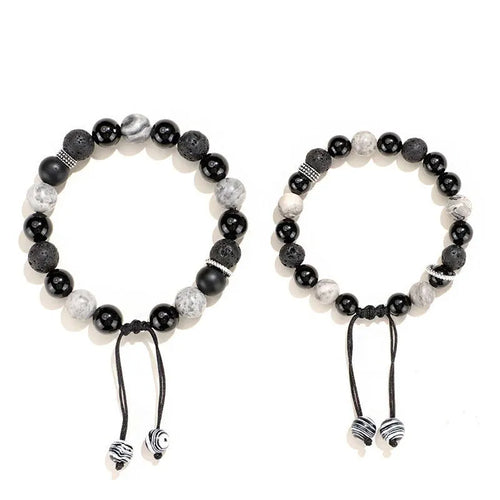 Black agate map stone volcanic rock bracelet with diamond-shaped beads and electroplated metal fittings