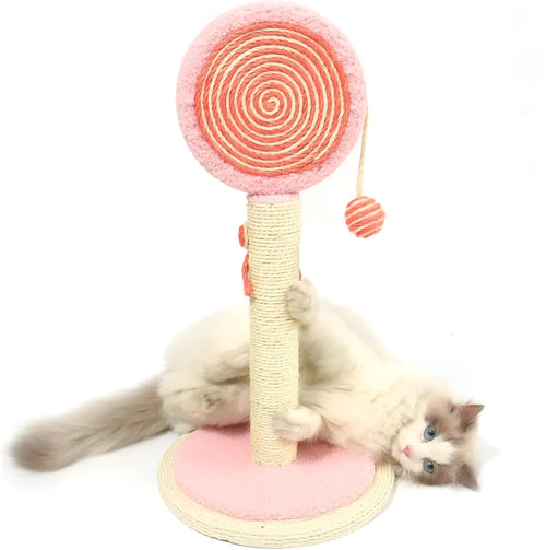 Blue cat scratching post with natural sisal rope and a hanging yellow ball on a sturdy wooden base.