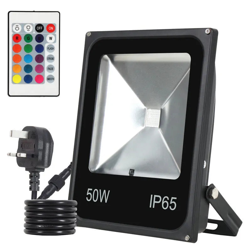 Black aluminum RGB LED flood light with IP65 rating for outdoor advertising and building lighting.