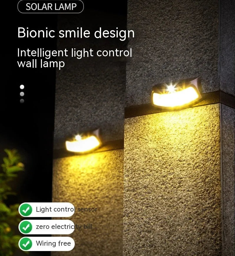 Solar powered outdoor wall light with retro smiling face design for garden courtyard decoration