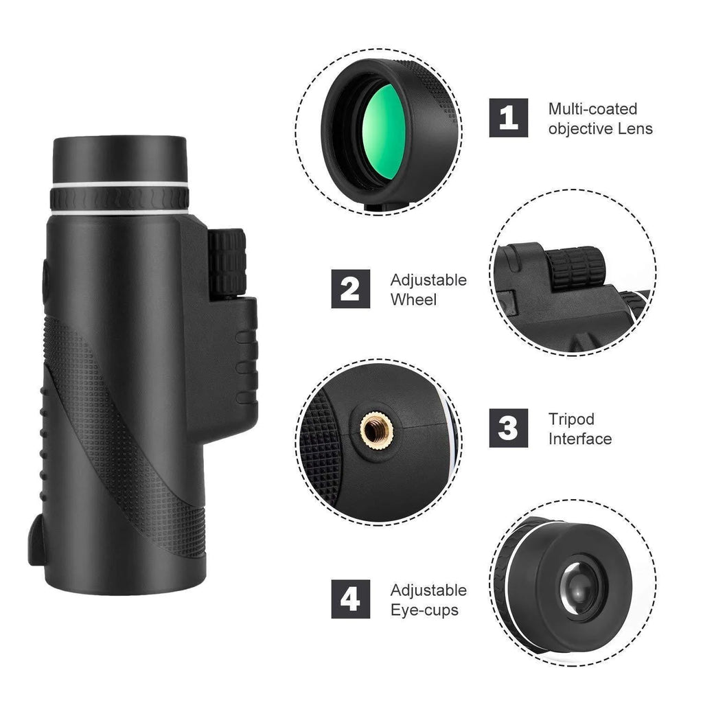 Black HD 40x60 monocular telescope for mobile phones with 40x magnification and waterproof design.