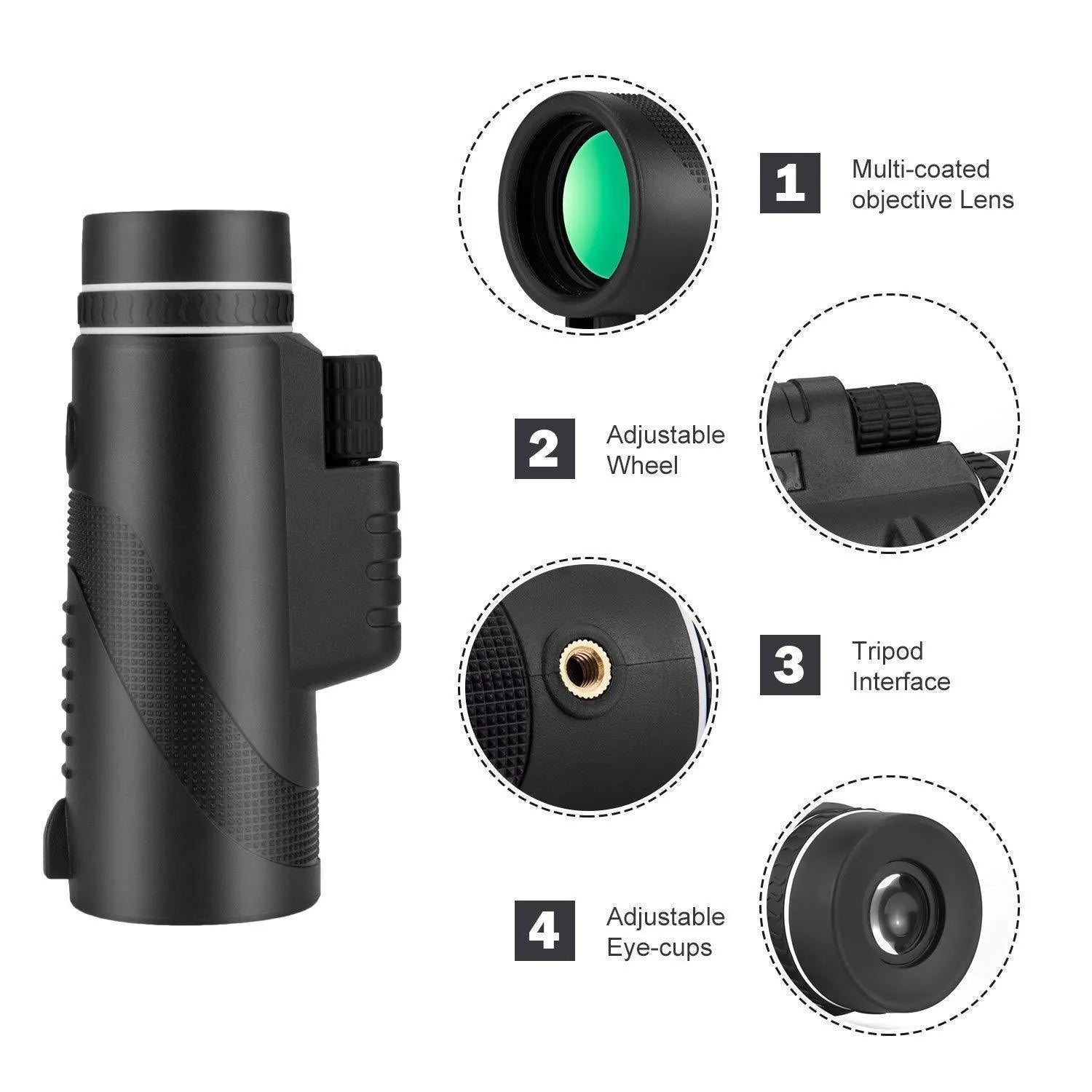 Black HD 40x60 monocular telescope for mobile phones with 40x magnification and waterproof design.