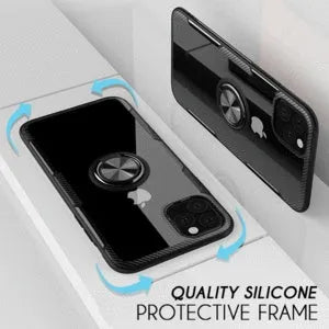 Black iPhone back cover case with a flexible, bendable holder arm extended from the back.