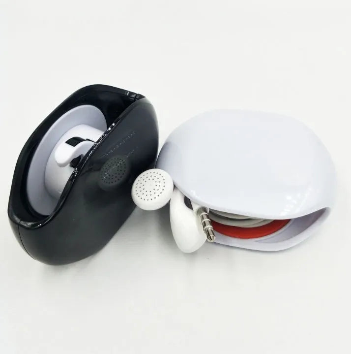 Automatic push-button earphone cable winder reel in assorted colours on a white background.