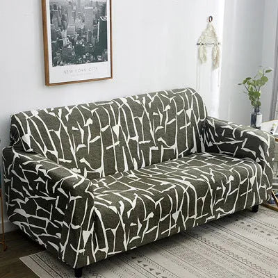 Printed stretch sofa cover with geometric pattern on three-seater sofa