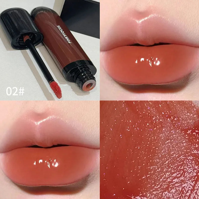 Black shiny mirror lip lacquer cosmetic product showing six colour options including deep reds and browns