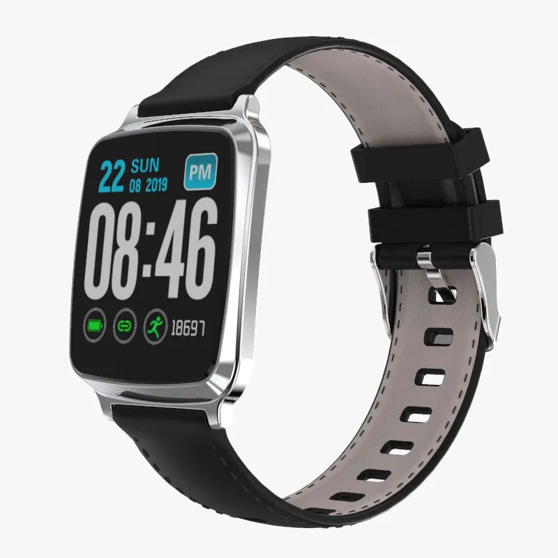 M8 multi-function smart bracelet with heart rate monitoring on a wrist, showing a black zinc alloy body and TPU strap.