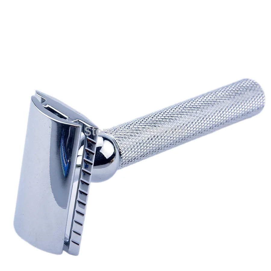 CSB men's shaving kit with chrome razor and stand, badger hair brush, soap bowl, and blades on black box.