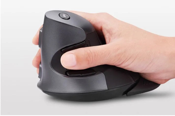 M 618 black and white wireless vertical ergonomic computer mouse showing side profile and button layout
