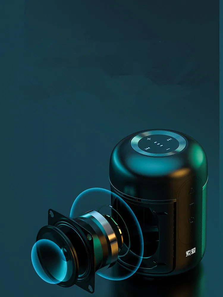Black portable Bluetooth speaker showing compact 72mm x 99mm dimensions with connectivity ports
