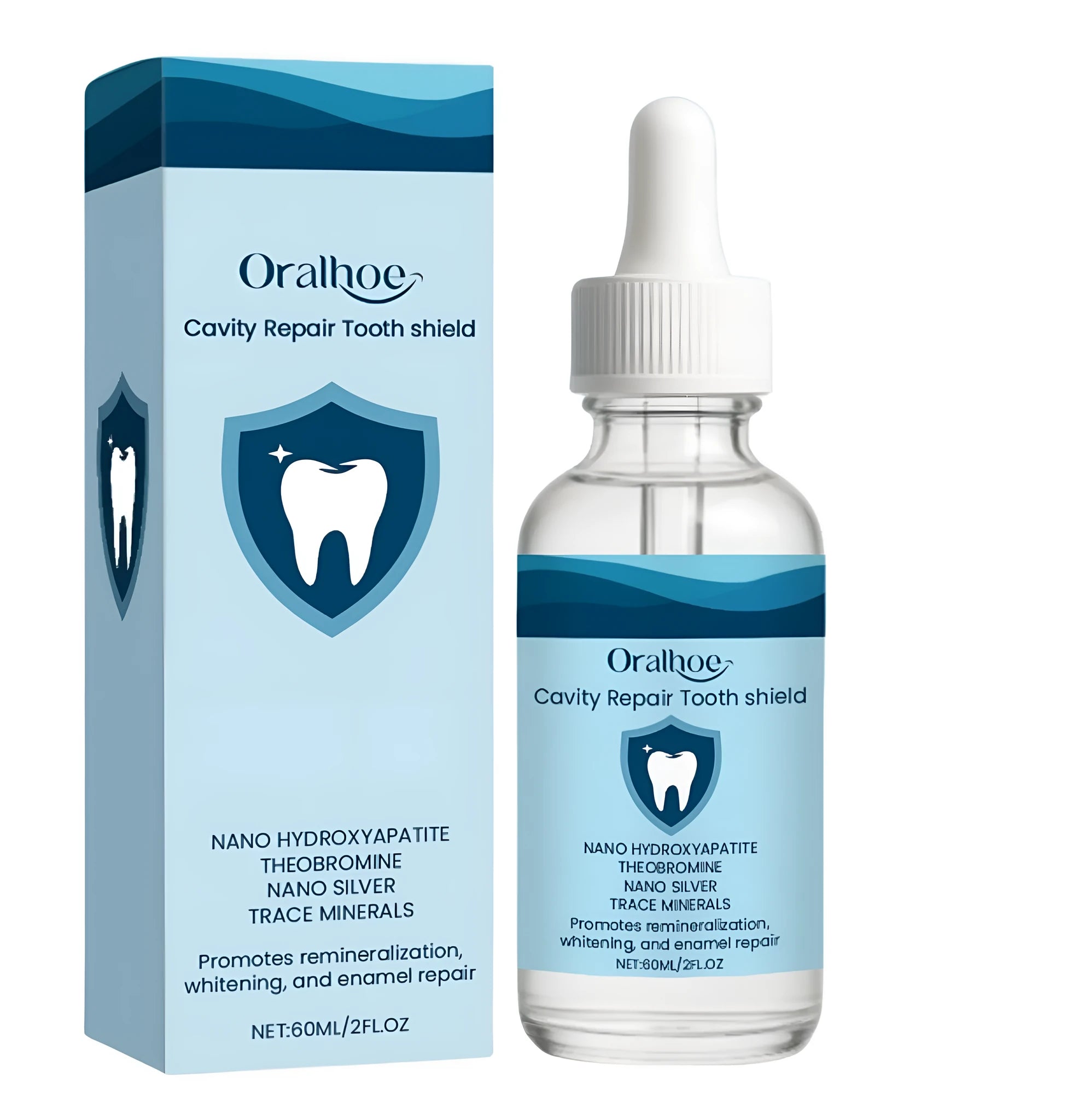60ml bottle of dental restorative fluid solution containing hydroxyapatite and theobromine