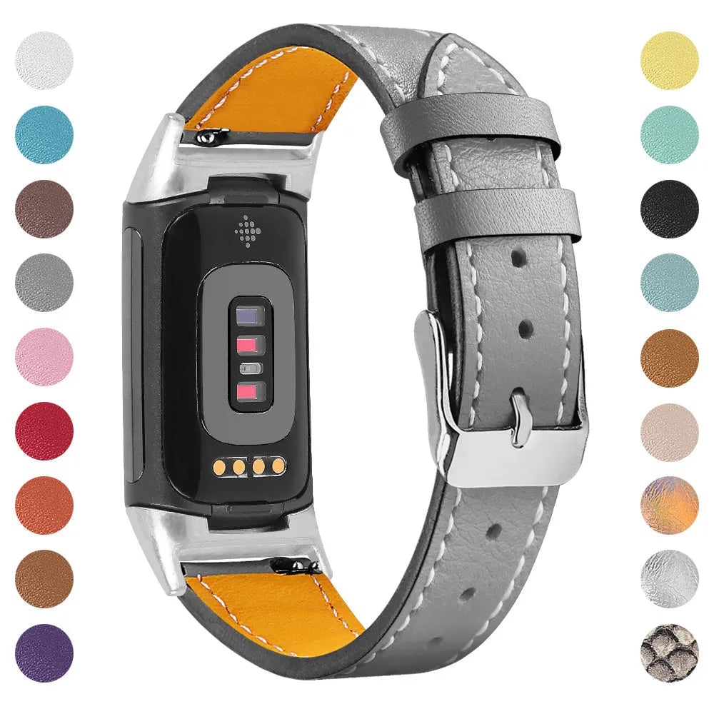 Genuine leather replacement strap for Fitbit Charge 5 and Charge 6 smartwatches in multiple colour options.