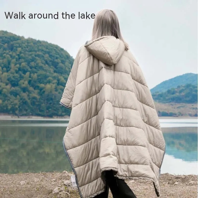 Army Green outdoor cloak sleeping bag with 200x140cm dimensions shown in convertible format