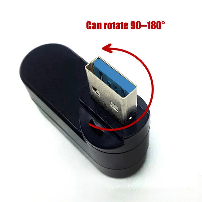 Black USB rotary splitter hub showing four USB ports on a rotating white body.