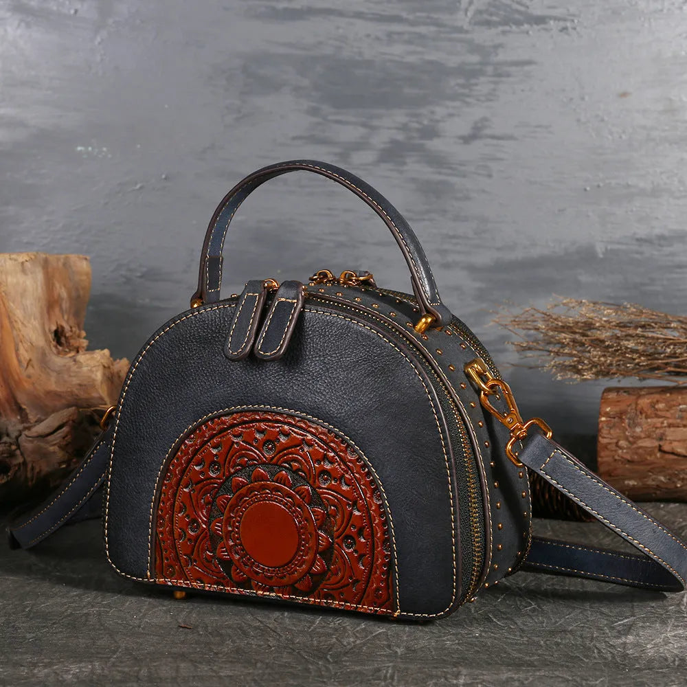 Vintage suede cowhide leather handbag with multiple internal compartments in Graphite Ash colour