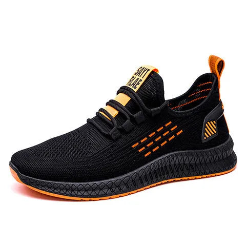 Men's black casual sports shoes with cross-strap detail and Flying Weave textured upper.