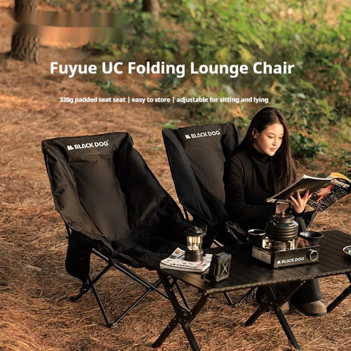 Night Black Oxford cloth camping moon chair folded and unfolded showing portable design