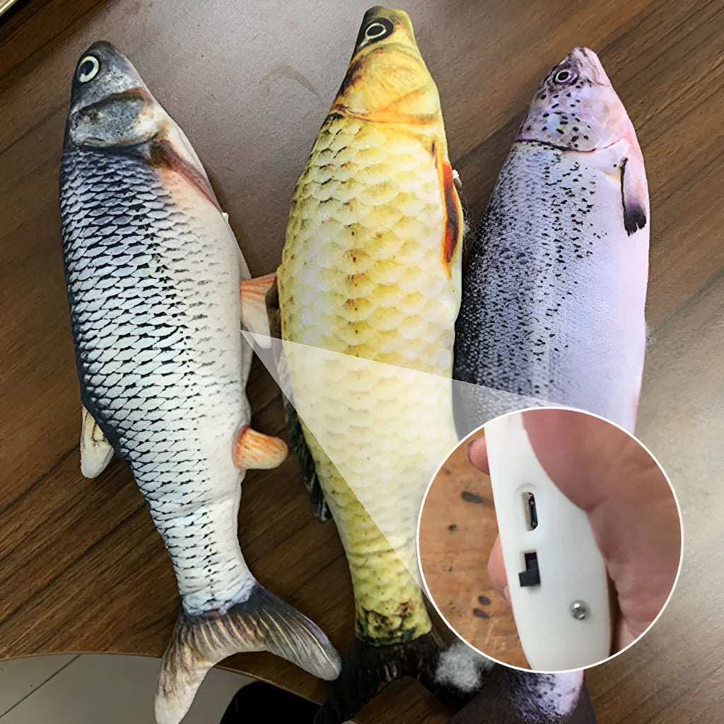 Electric jumping fish simulation cat toy showing multicolor options and USB charging cable.