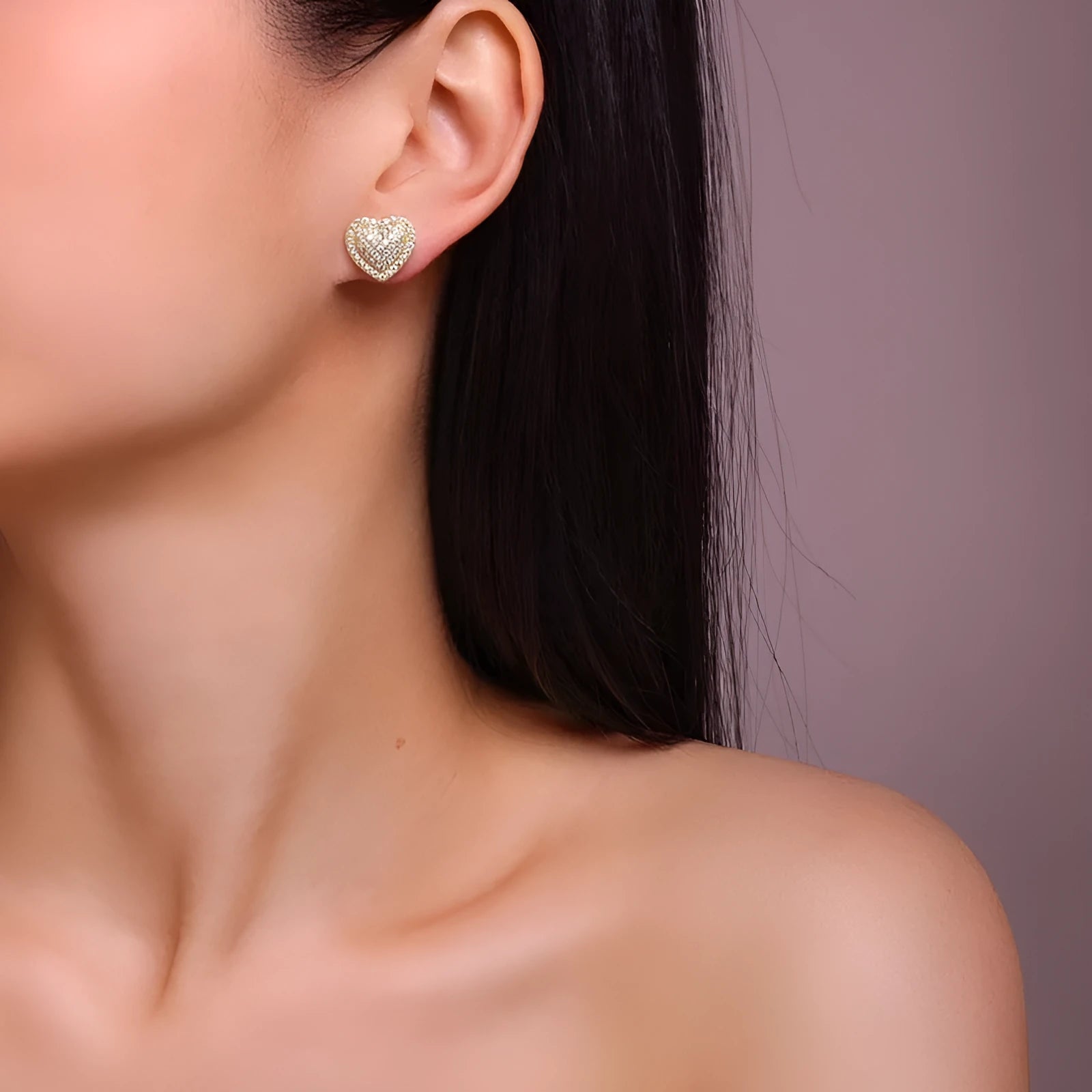 S925 silver moissanite heart-shaped stud earrings shown in gold plating