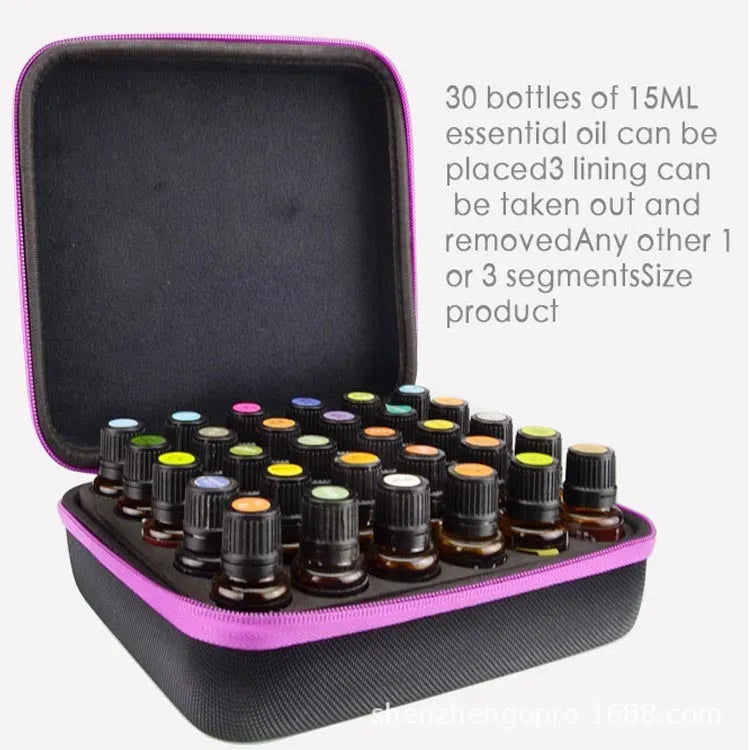 Red EVA essential oil storage bag with 30 compartments for 15ml bottles, cube shape with zipper