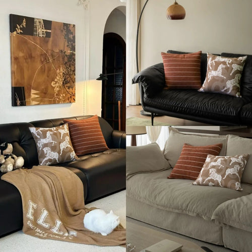Square Chinese ancient style decorative cushion with a geometric pattern in a brown Maillard colour on a grey sofa.