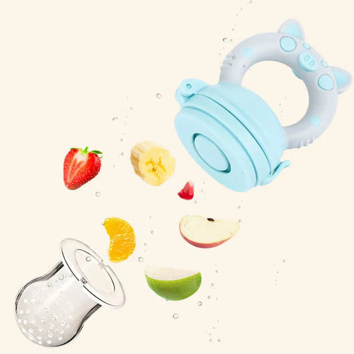 Soft BPA-free silicone baby teether in blue, green, or pink colour, shown in single and three-piece style options.
