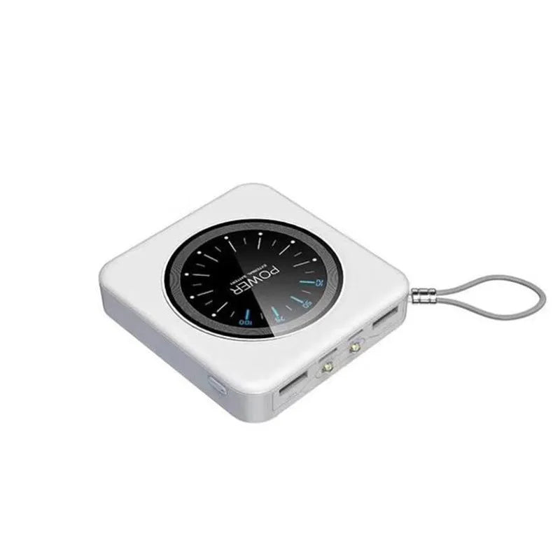 Mini clock charger power bank with digital display in alloy case showing multi-USB ports