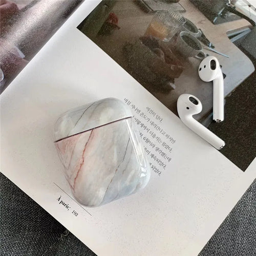 White marble effect protective hard case for Apple AirPods 1 and 2 wireless earphones