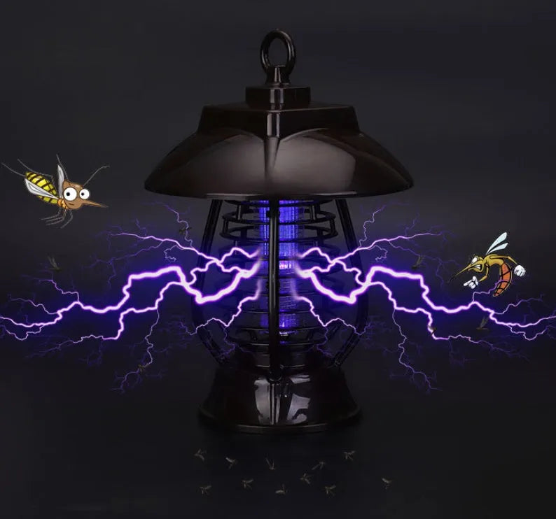 Black solar mosquito lamp with solar panel for outdoor garden insect control