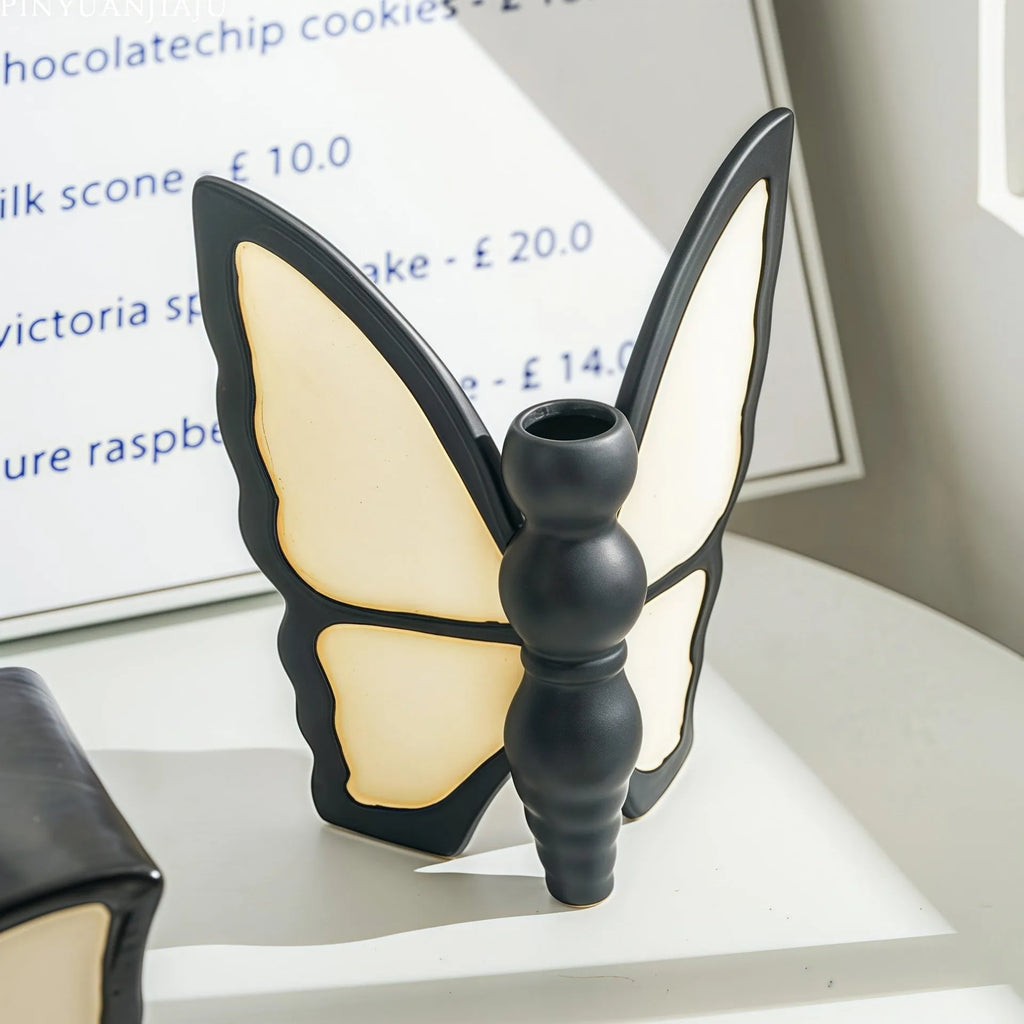 Ceramic butterfly vase and matching tissue box set for living room decor