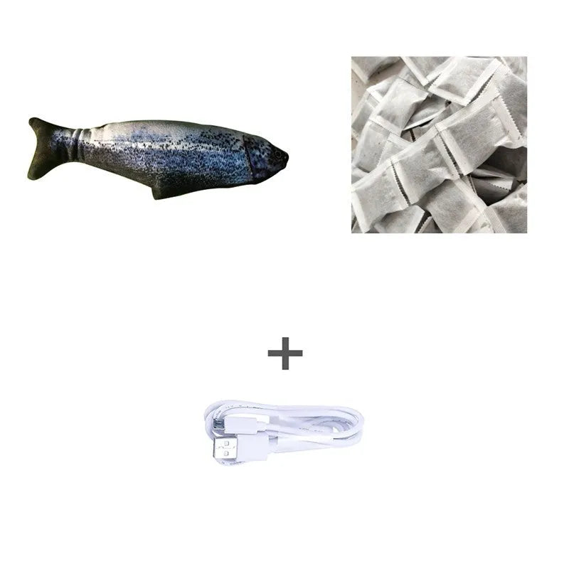 Electric jumping fish simulation cat toy showing multicolor options and USB charging cable.