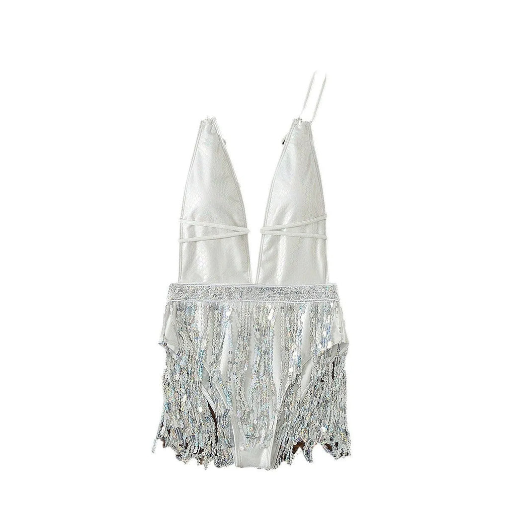 White deep V-neck one-piece swimsuit with tassel detail, sleeveless swim dress
