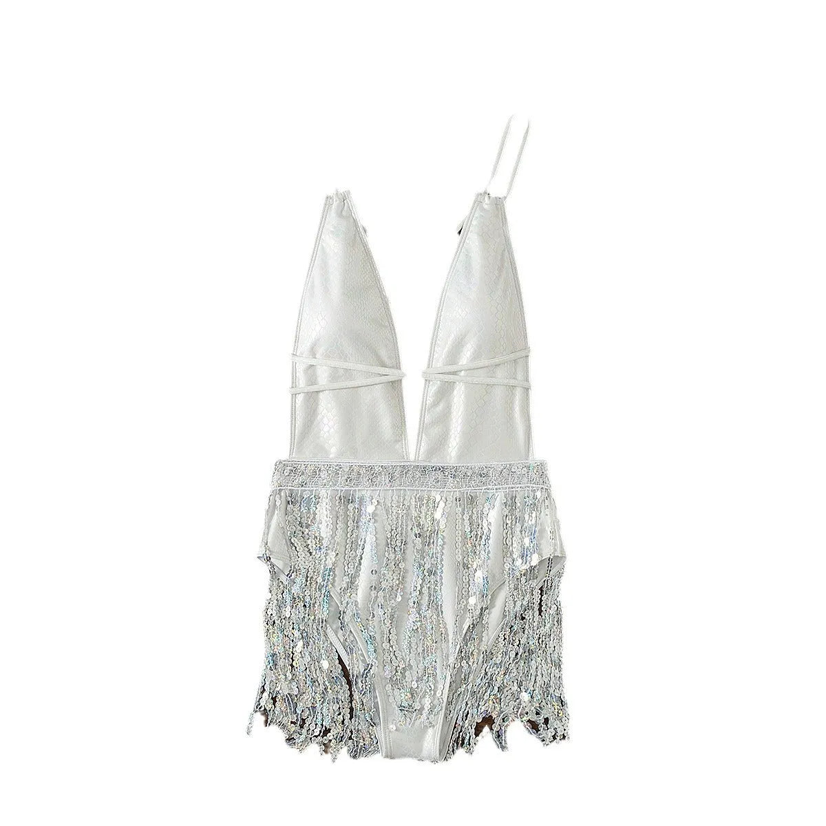 White deep V-neck one-piece swimsuit with tassel detail, sleeveless swim dress