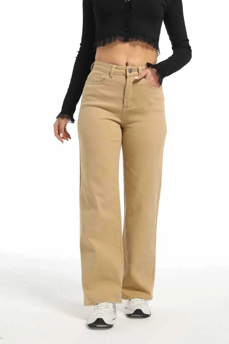 Women's high-waist straight-leg cotton jeans in apricot and khaki colours on a hanger.